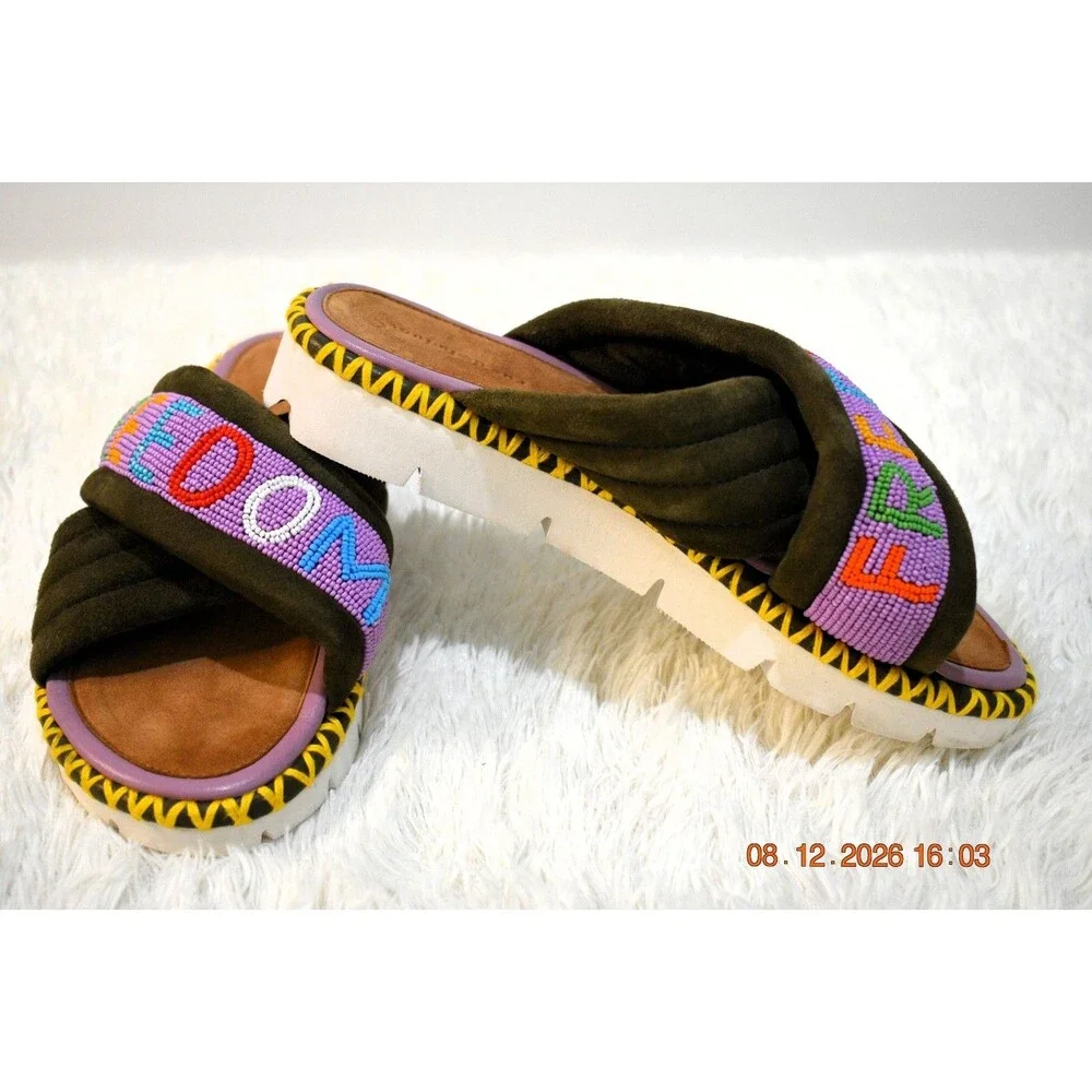 Rue De La Lune X Freedom Beaded Platforms Olive Suede Multicolor - Women's 39/8